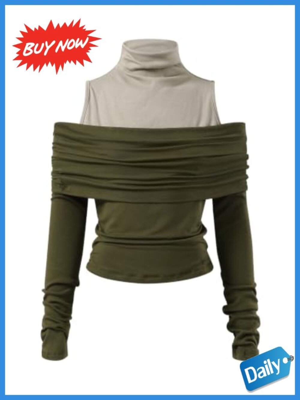 Off Shoulder Layered Slim Long Sleeve Top Mock Neck Rayon Spandex